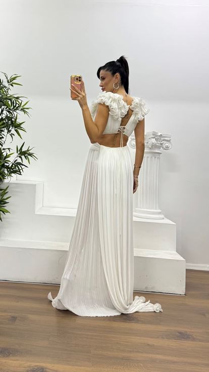 White Pleated Cross Waist Detail Special Design Evening Dress